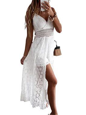 White Maxi Jumpsuit Romper V Neck Smocked Backless High Low Summer Beach Dress